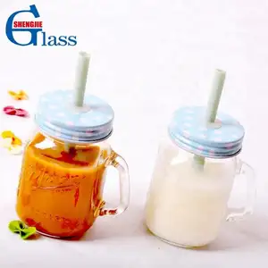 Neue Doppels chicht Glas Mini Einmach glas Große Kapazität Glas Glas Getränk Stroh Tasse Glasflasche Mit Griff