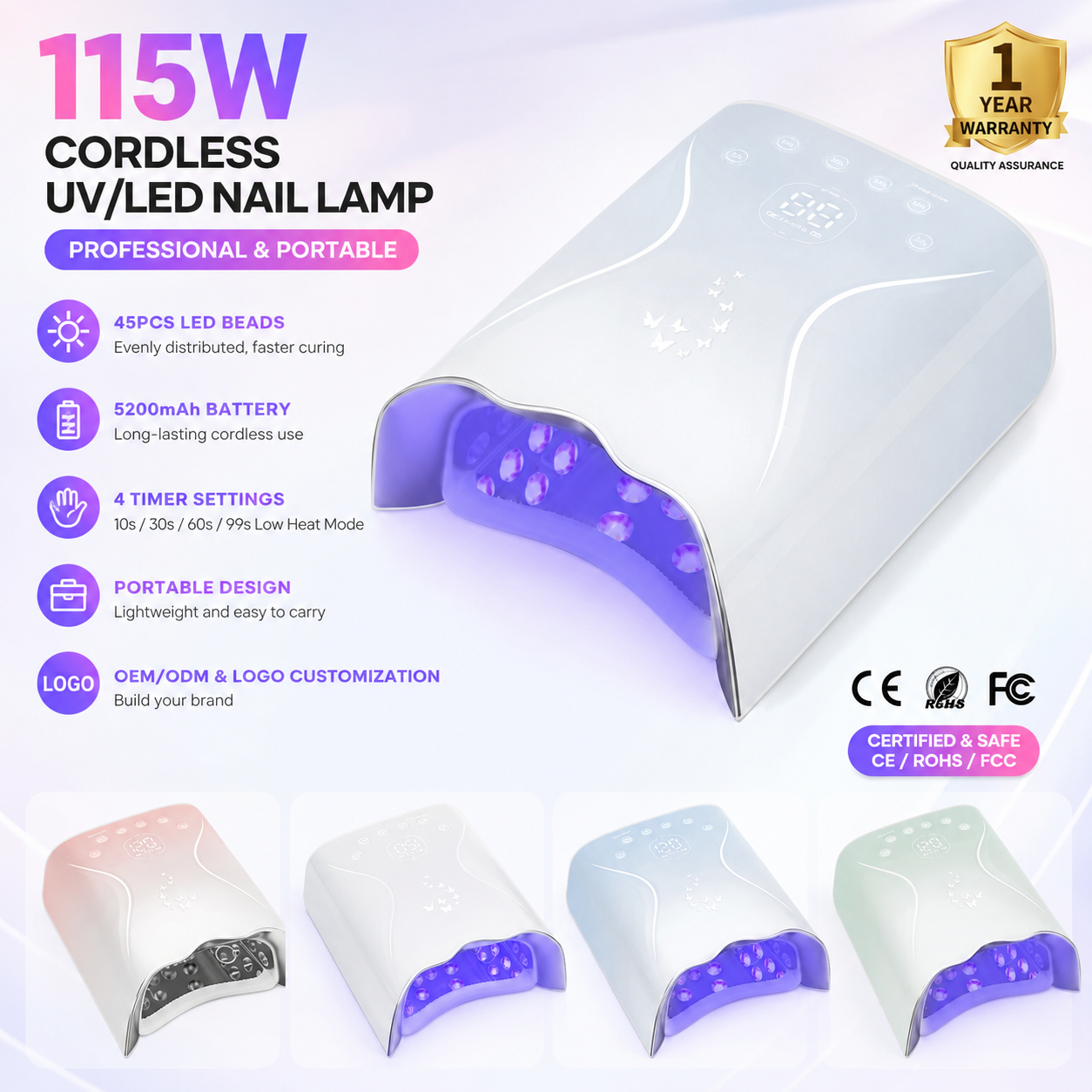 New Arrival Rechargeable Portable High-Power 115W UV Nail Lamp LED Display 365/405nm Professional for Nail Salon Home Nail Dryer