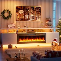 Console TV moderne Kalsubo blanche à 2 niveaux, 80 pouces, avec foyer électrique de 42 pouces, éclairage LED, centre de divertissement