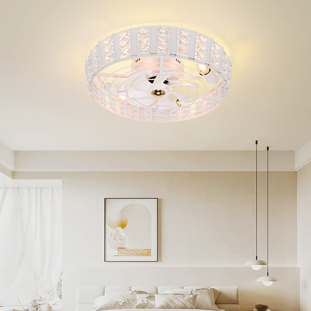 Modern Luxury Design DC Motor Remote Control Dining Room Caged E27 Crystal Iron ABS Ceiling Fan LED Light