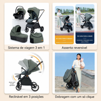 Poussette 3-en-1 pour bébé, siège réversible pliable, inclinaison à 3 positions, pliage en un clic, fabricant d'usine