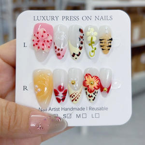 <span class=keywords><strong>Uñas</strong></span> Postizas de <span class=keywords><strong>Verano</strong></span> con Diseño de Flores 3D Hechas a Mano, Diseño de Almendra, 10 Piezas, <span class=keywords><strong>Uñas</strong></span> Acrílicas de Cobertura Completa con Mariposas - Product Image 5