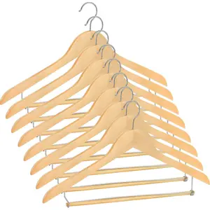 Lot de 8 cintres de costume en bois avec barre de verrouillage, cintre en bois pour pantalons