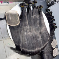Lots de Cheveux Humains Vietnamiens Bruts Double Drawn 100% Naturels, Lisses, de 30 à 40 Pouces, avec Fermeture Frontale en Dentelle 5x5