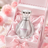 Flacon de parfum en verre transparent vide, rond, en forme de fleur, personnalisable, réutilisable, 50 ml, avec bouchon à sertir et couvercle argenté personnalisé