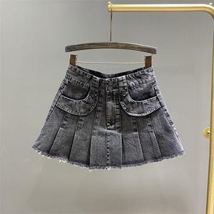 Novedad de verano <span class=keywords><strong>para</strong></span> niñas, Falda vaquera plisada con cintura elástica, versión coreana 2025, falda acampanada antigua, Falda corta con borde crudo - Product Image 1