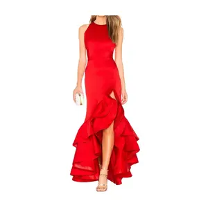 New Design Women Evening Dress Solid Tiered Flounce Overlay Reinforced Asymmetric Hem Long Dress Elegant Sexy Evening Dress