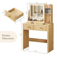 Table de toilette d'angle gain de place avec miroir LED et compartiments de rangement cachés, petite coiffeuse pour chambre à coucher
