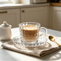 Ensemble Tasse et Soucoupe en Verre Gaufré, Vente en Gros Usine, Mug à Café Vintage en Verre Transparent avec Soucoupe pour Latte, Americano, Thé, Jus, Lait