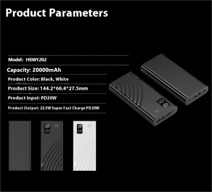 Banque d'alimentation économique 20000mAh avec écran numérique LED, double USB, charge rapide 22.5W, chargeur <span class=keywords><strong>portable</strong></span>, <span class=keywords><strong>sortie</strong></span> USB-C PD 20W - Product Image 2