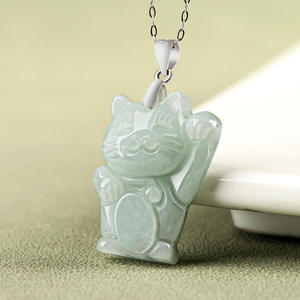 จี้หยกธรรมชาติสีเขียวอ่อนรูปแมวนำโชค ประดับเงินแท้ S925 สำหรับผู้หญิง พร้อมใบรับรอง D230 - Product Image 2