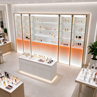 Étagère de présentation de maquillage, cadre blanc et or, plusieurs unités, étagères en verre, LED intégrées, plateaux en acrylique, dégradé, CE ETL, pour magasin de beauté