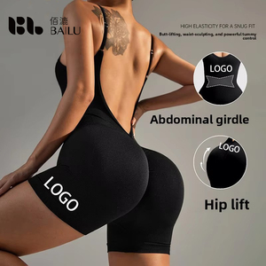 Completo Yoga Senza Cuciture con Scollo a V Profondo e Schiena Scoperta, <span class=keywords><strong>Pantaloncini</strong></span> Monopezzo per Donna, Abbigliamento Sportivo Modellante per Fitness - Product Image 2