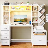Bureau d'ordinateur blanc avec étagères de rangement, support d'imprimante, bibliothèque et huche, idéal pour le bureau à domicile et l'étude