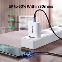 Cable Ugreen MFi USB-C a iOS con carga rápida PD de 20W, cable de datos tipo C con ángulo recto para cargar teléfonos, compatible con iPad y iPhone.