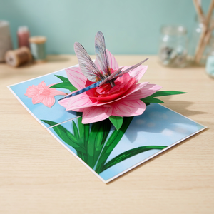 Customized Floral Origami 3D Pop-Up <b>Card</b> with Pink Flower and Dragonfly Design for <b>Graduation</b> and Home Decoration - Product Image 3