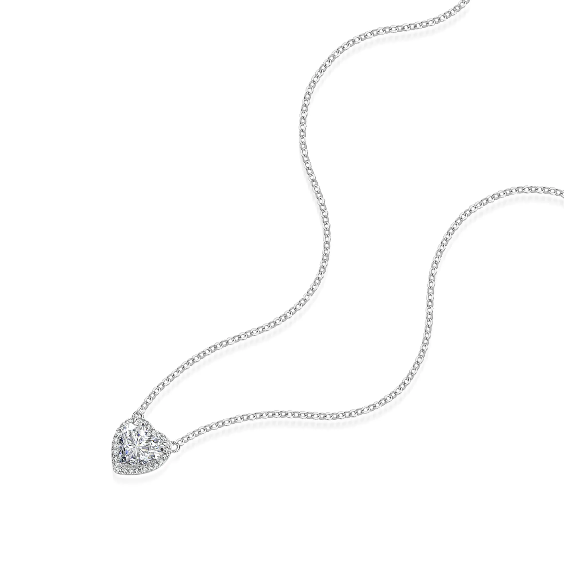 Grosir kustom hati putih Moissanite perhiasan rantai berlian 925 perak bulat memotong kalung untuk hadiah pesta wanita