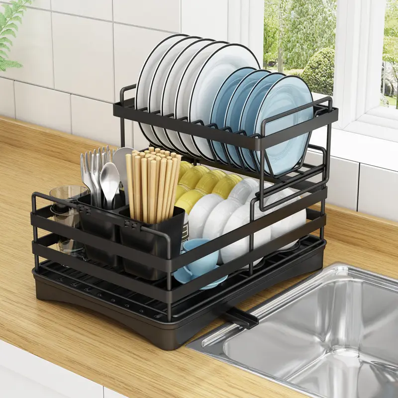 Hochwertiger zweistufiger Küchen organisator aus Edelstahl Metallsc halen ablage Rack Geschirr trockner Abfluss