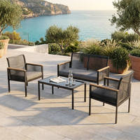 Ensemble de canapé d'extérieur moderne et confortable en acier, 4 pièces, noir, en rotin tressé, avec 2 fauteuils et accoudoirs en WPC pour jardin