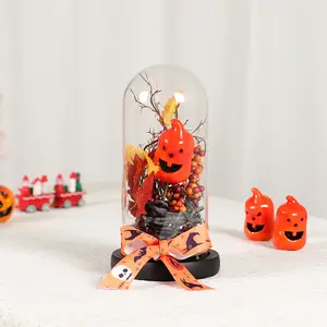Halloween Smile Pumpkin LED Lights with Fruitage Rose in Glass Dome Wooden Base Valentines Day Gifts Halloween LED Pumpkin Lamp