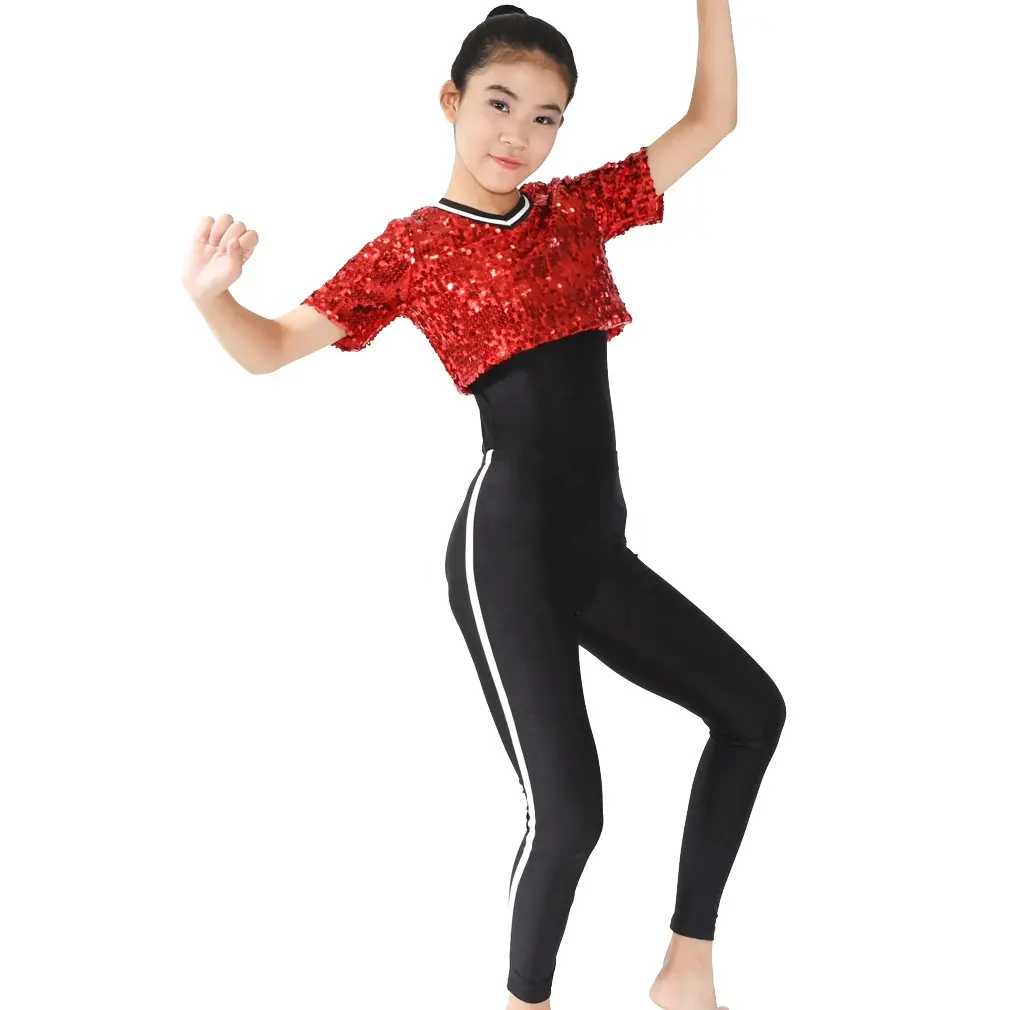 Mide Hoge Kwaliteit Pailletten Shirts 3-delige Cheerleading Dance Kostuum Hiphop Dans Kostuum Voor Tienermeisjes Kinderen