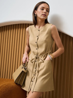 Robe Courte Sans Manches pour Femme, Col Rabattu, Couleur Unie, avec Boutons Ceinture, Tendance Estivale