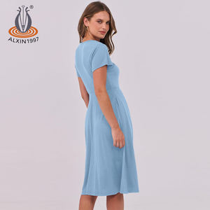 Alxin Groothandel Custom Zomer A-Lijn Korte Mouwen Meisjes Jurken Casual Vrouw Midi Jurk Damesrokken Kleding Damesjurk - Product Image 6