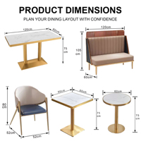Ensemble de mobilier de restaurant commercial de luxe moderne et durable en gros : banquette en cuir beige, tables en marbre blanc, chaises bleues