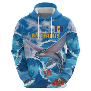 Sweat à capuche personnalisé Barbados Fish Flying avec motif Vague de <span class=keywords><strong>mer</strong></span> agitée, personnalisez votre logo et votre numéro, pull bleu drapeau des Barbade - Product Image 4