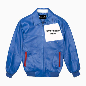 Men's Blue PU Leather Bomber Jacket With Embroidery On Back Zipper Closure Casual Autumn Style - Product Image 3