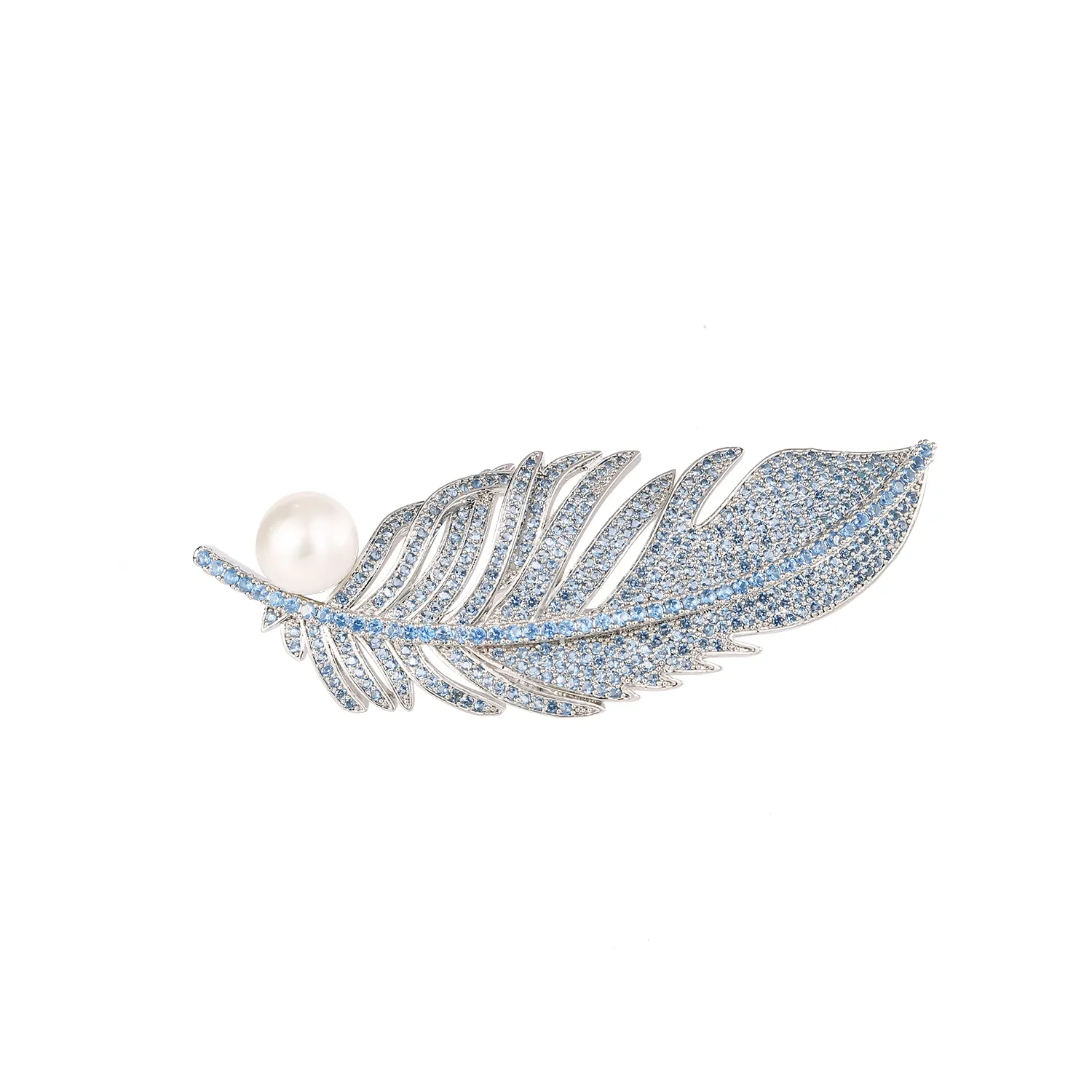 Custom Stylish Blue Zircon Pearl Feather Brooch Children's Fashion Copper Alloy Jewelry with Plated Crystal Wedding Party Gift
