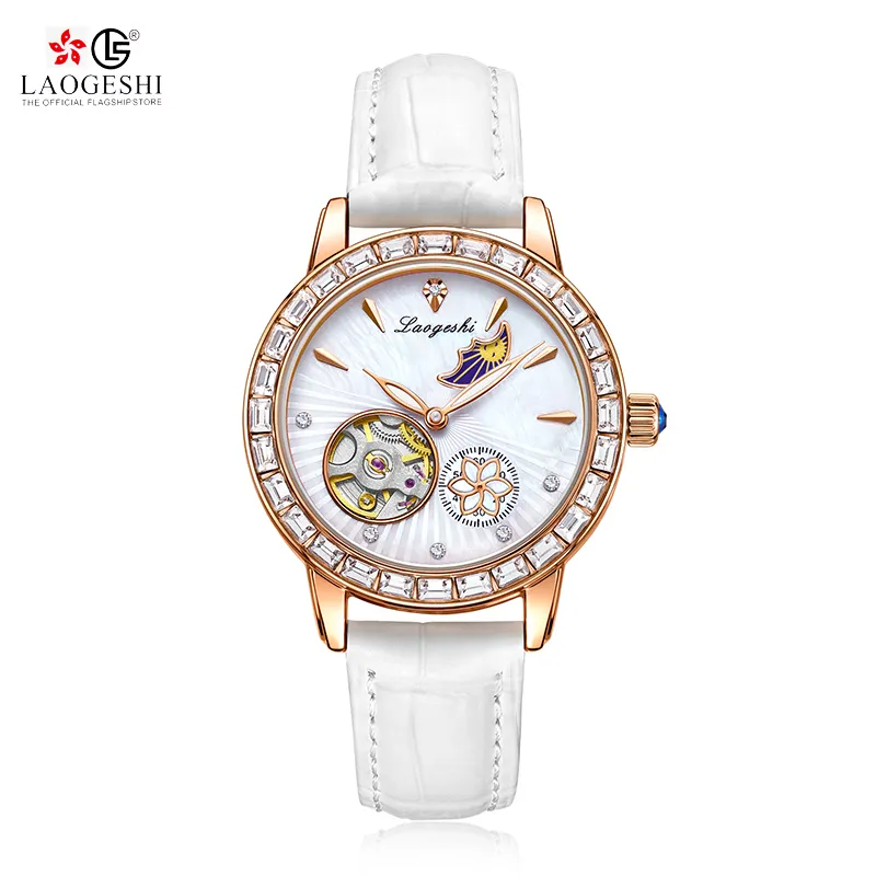 Laogeshi 1009 Vrouwen Pols Luxe Set Lederen Horlogeband De Nieuwste Model Horloges Van Vrouwen Klein Formaat Automatisch Horloge