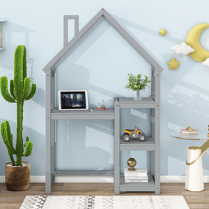 Gray Solid Wood Children's House <b>Desk</b> Bookshelf Multifunctional <b>Study</b> <b>Desk</b> For Bedroom Kids Tables - Product Image 1