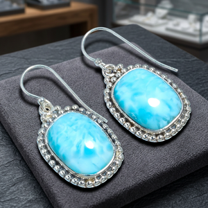 Bijoux fins classiques faits à la main, vente en gros OEM, pierre de naissance indienne, magnifique pierre précieuse Larimar, boucles d'oreilles créoles en argent sterling 925 pour mariage et fête - Product Image 3