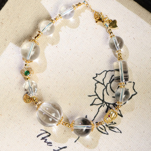 Bracelet extensible en perles de quartz naturel transparent en forme de citrouille avec breloque décorative dorée pour femme, vente en gros de bijoux - Product Image 4