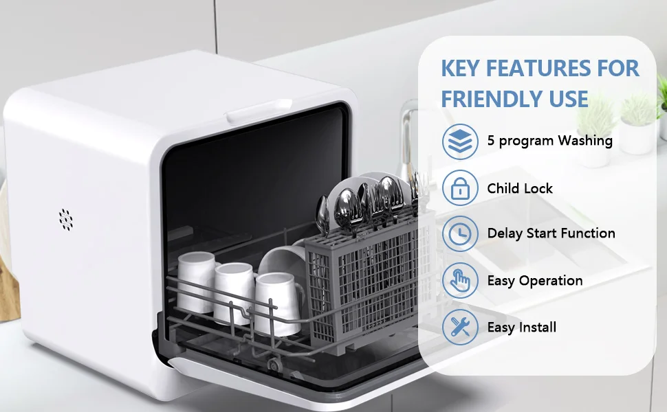 Compact Portable Dishwasher 5 Washing Programs Portable Washer 3D Cyclone Spray With Dishwashers Faucet Adapter