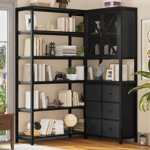 Librería Moderna Retro de Lujo en Forma de L, Plegable, de Metal, Ajustable, con 6 Niveles y 6 Cajones, Negra, para Esquina de Sala de Estar - Product Image 6