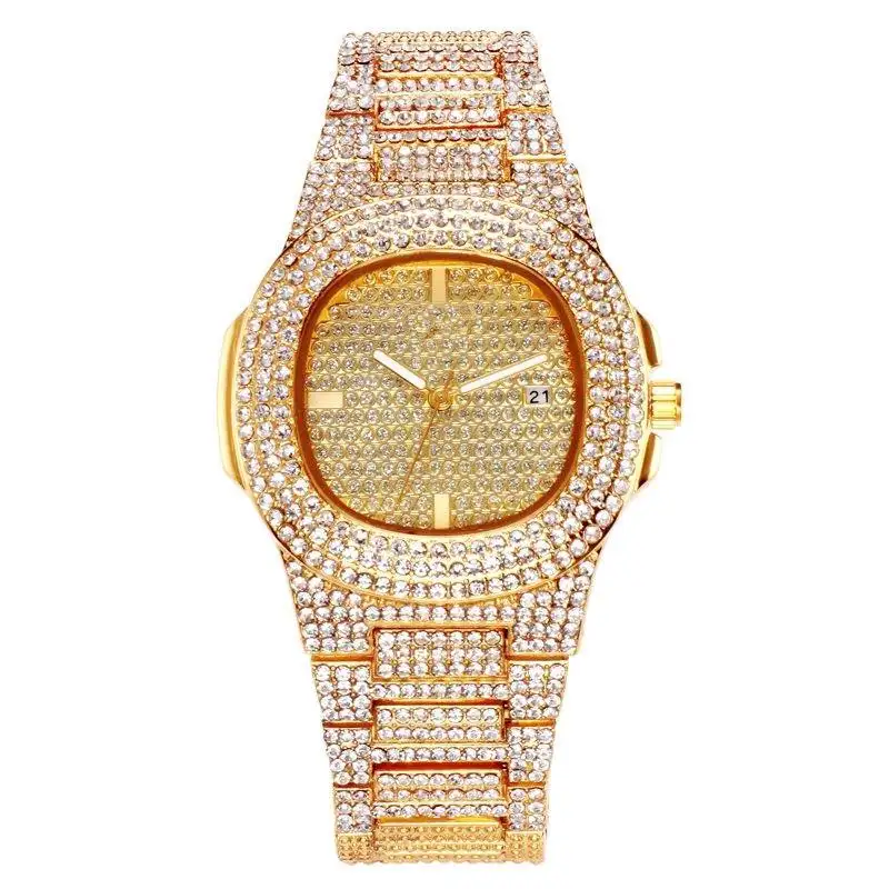 14K 18K Golden quartz watch wristwatches gold stainless steel diamond watch mens bracelet iced out watch diamond