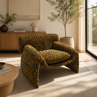 Fauteuil d'appoint ergonomique moderne en bois et tissu, avec dossier sculpté biomorphe et revêtement incurvé, pour salle à manger, bureau à domicile et salon