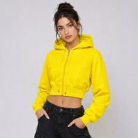 Sweat à capuche court en polaire jaune pour femme, avec cordon de serrage sur le devant, manches longues, motifs graphiques lèvres, style streetwear décontracté, mélange de coton