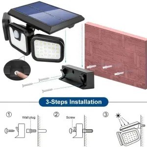 ไฟสวนพลังงานแสงอาทิตย์พร้อมเซ็นเซอร์ตรวจจับความเคลื่อนไหว ตกแต่งสวนด้วยแสงอาทิตย์ โคมไฟติดผนังภายนอก ไฟ LED พลังงานแสงอาทิตย์ 3 ด้าน 74 LED - Product Image 5