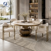 Table de salle à manger ronde moderne pour restaurant, plateau en pierre frittée, base en acier bronze brossé, pour projets hôteliers et villas, vente en gros directe usine