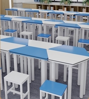 Ensemble de bureau et table pour étudiants jeunes en métal moderne, forme trapézoïdale, avec hauteur réglable pour une utilisation scolaire, table hexagonale