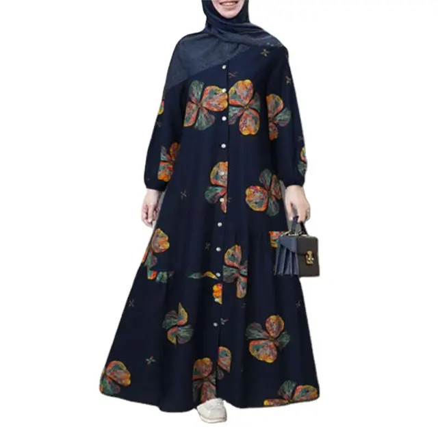 人気の販売ボタンクルーネックイスラム教徒アバヤカフタン花柄パーティーローブロングマキシシャツドレス女性用