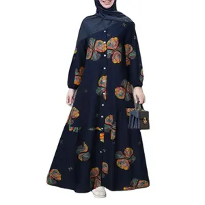 Venta caliente botones cuello redondo musulmán Abaya Kaftan estampado Floral fiesta bata larga Maxi camisa vestido para mujer