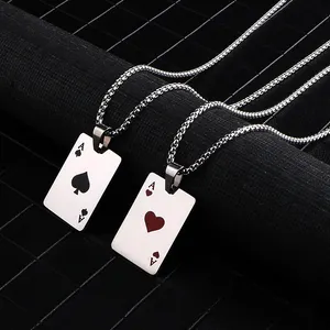 Punk Hip Hop Style Silver Plated Stainless Steel Poker Card Pendant Lucky Spades Heart Ace Necklace Jewelry For Woman Man