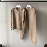 Hiver Confortable Custom Soft Cozy Wool Knitted Sweater Hooded Elegant Two Pieces Lounge Wear Long Pants Ladies Sweater Sets