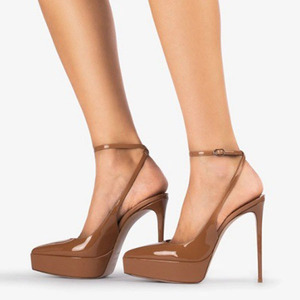 Sandalias de tacón alto de plataforma gruesa de charol para mujer, talla grande 45, ajuste ancho, con tiras al tobillo y diseño calado, para verano - Product Image 6