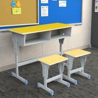 Ensemble bureau et chaise d'étude 2 places en contreplaqué jaune moderne, durable et écologique, avec structure en acier, style indonésien, pour école, maison, bureau, chambre