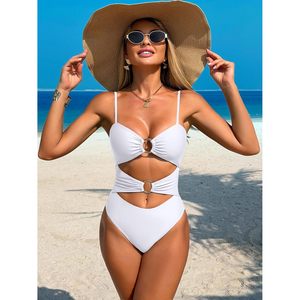 FOXA Women One Piece Swimsuit Cutout <b>Ring</b> Linked Ruched Monokini Swimwear Plunge Neck Stretch Beachwear - Product Image 3